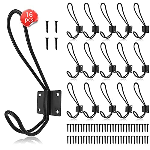 Rustic Black Farmhouse Hook Rack, 6 Pack with Screws — 16 Pack