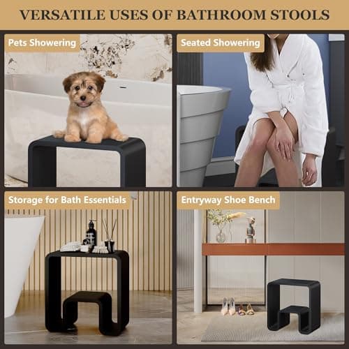 CASAINC Modern Shower Stool with Dual-Layer Storage, Matte Black, 440 lbs Capacity