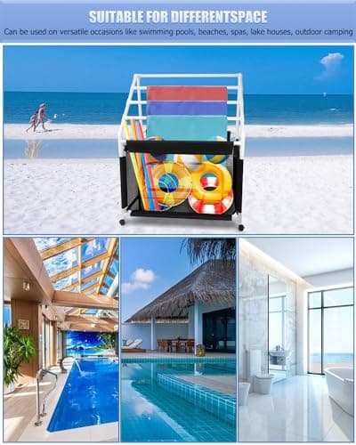 Hutigertech 4 Tier Moveable Poolside Towel Rack with Net and Wheels
