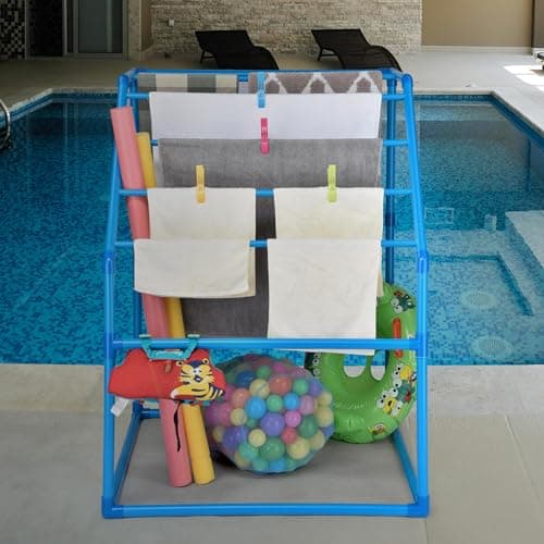 Yescom Blue Outdoor Pool Towel Rack with 7 Bars & 4 Clips