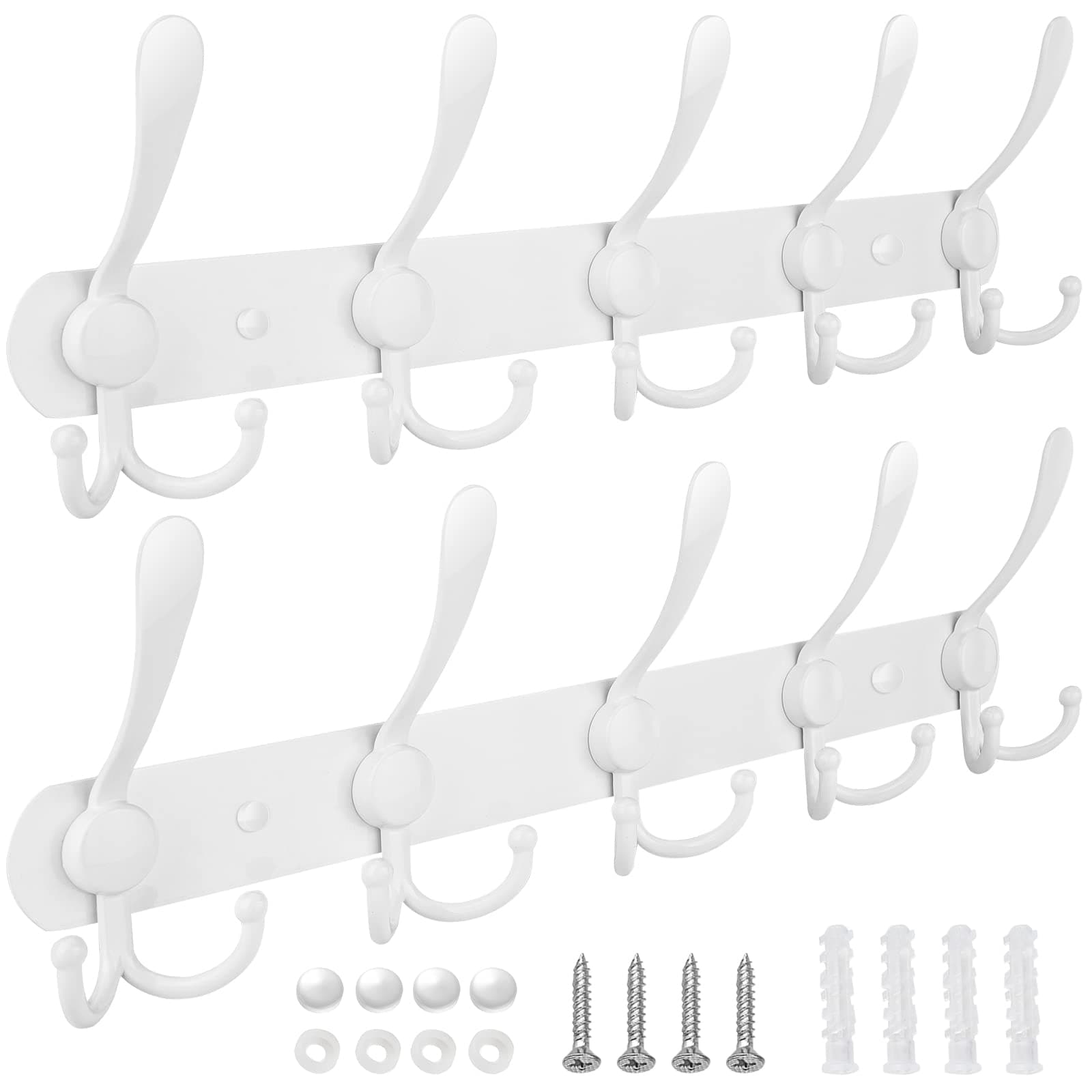 TICONN Wall Mount Coat Rack, 2-Pack White, 5 Heavy-Duty Hooks