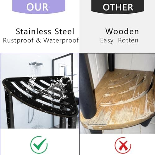 Corner Shower Stool for Shaving Legs, Matte Black Waterproof, Small with Rubber Cushion