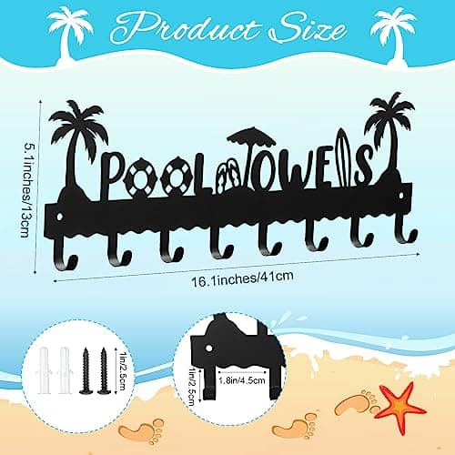 Black Metal Wall Hook Rack with 8 Hooks for Pool Towels and More