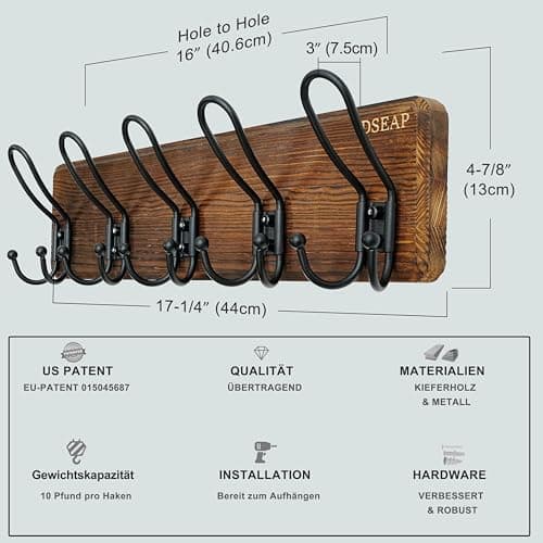 RusticWire J1-5A Wall Coat Rack, Heavy Duty 5 Hook Farmhouse Brown & Black