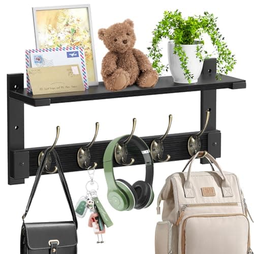Wall Hooks with Shelf Coat Rack, Wall Mount Hanging for Entryway, Living Room, Bathroom — Black