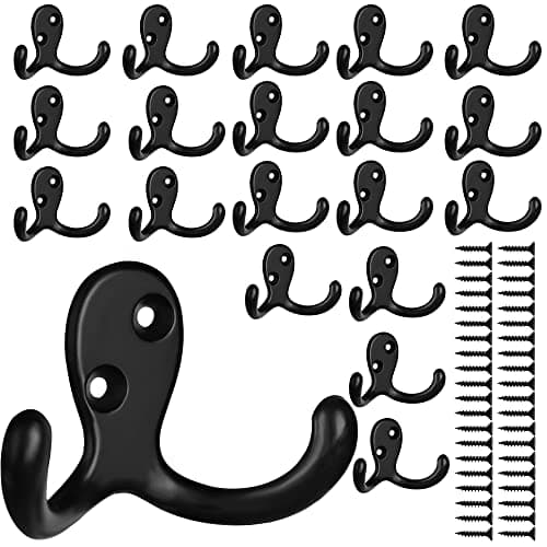 Retro Double Hooks for Coat, Scarf, Bag, Towel, Key, Cap, Cup, Hat — 20 Pcs Black