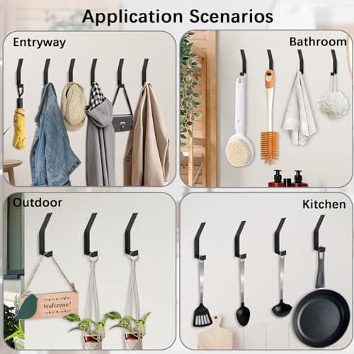 Heavy Duty 6 Pack Wall Mount Coat Hooks - Black, Decorative Metal for Mudroom Bathrobe Hanging