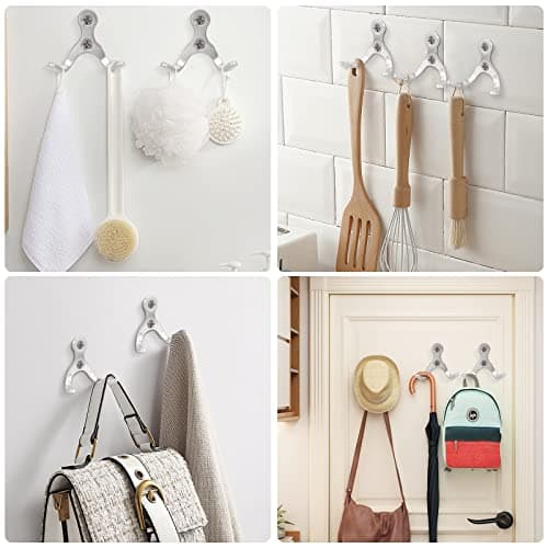 NearMoon Heavy Duty Double Prong Coat Hooks, Wall Mounted Stainless Steel, 5 Pack - Brushed Nickel for Towels, Hats, Keys, and Bags