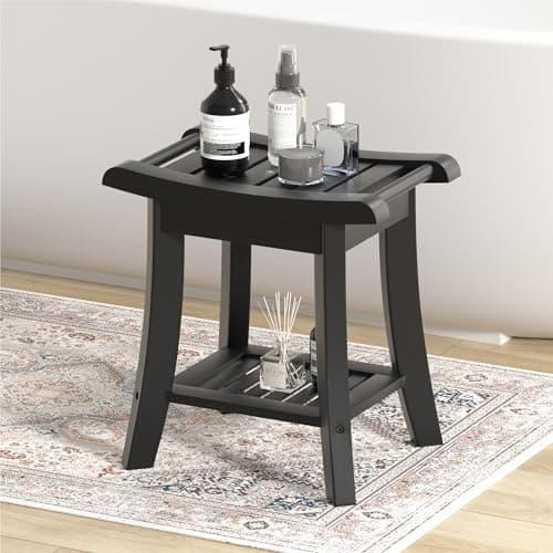 Black Bamboo Shower Bench Stool with Storage for Small Spaces