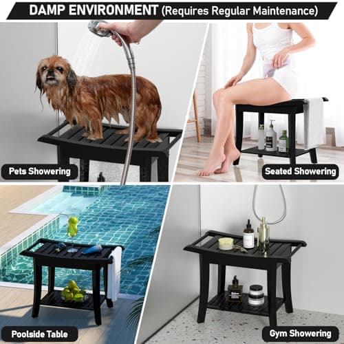 Bamboo Waterproof Shower Bench with Storage for Legs & Spa Baths (Black)