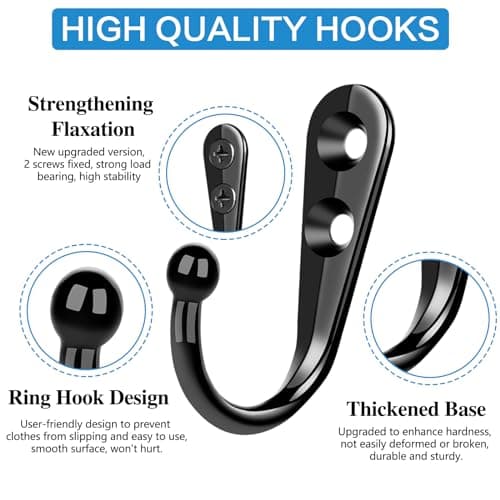 Black Metal Wall Hooks - 15pcs, Support Coats, Scarves, Keys - Includes 30 Screws