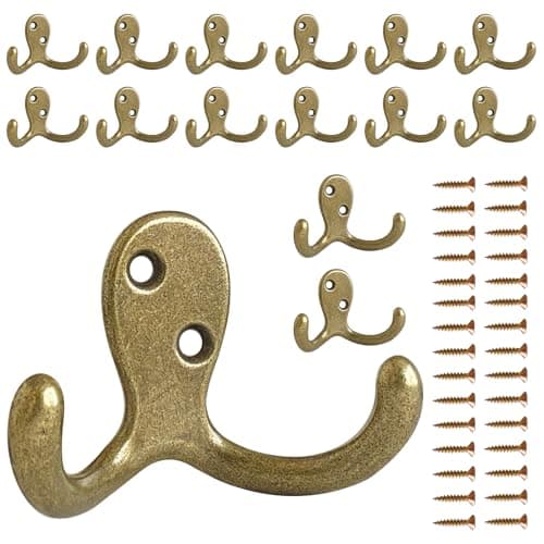10 Pack Heavy Duty Wall Hooks for Coats, Bags, and Towels - Metal Double Prong (Black) — Bronze-15pack