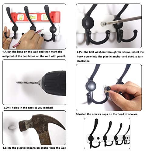 WEBI Long 8-Tri Hook Coat Rack, 30 Inch Rail, Wall Mount Black