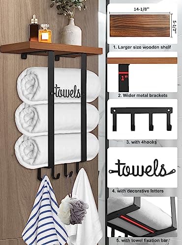 Wooden Shelf Towel Holder with 4 Hooks for Narrow Bathrooms