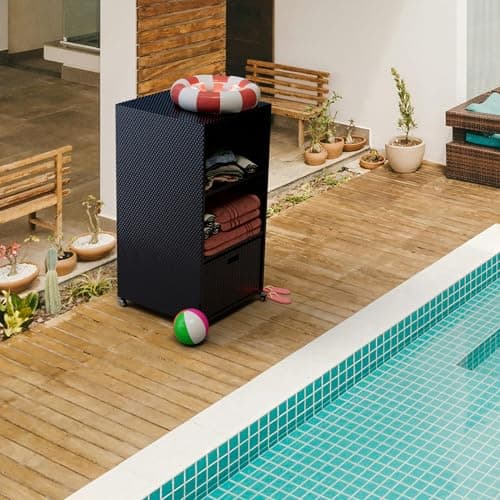 Outdoor Poolside Towel Rack with Rolling Wheels, Brown