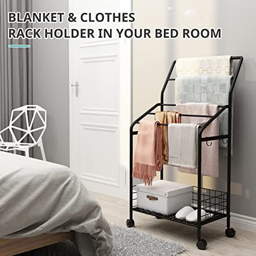 5-Tier Metal Towel Rack with Hooks & Lockable Wheels for Bathroom and Living Room