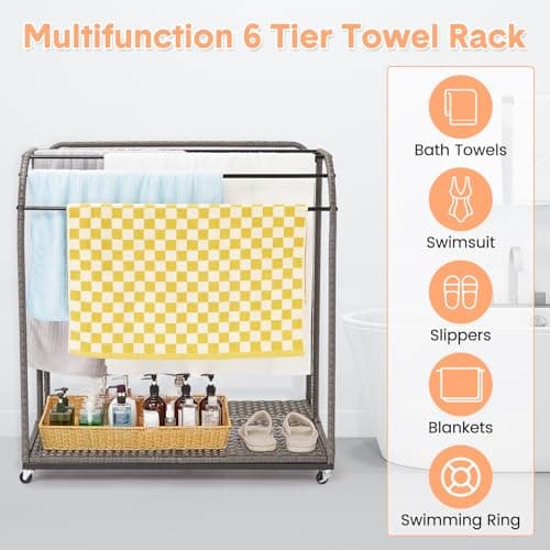 Outdoor Pool Towel Rack with Rattan Base & 5 Towel Bars