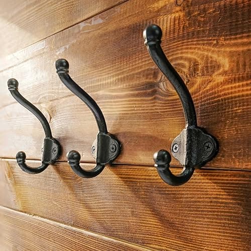 Vintage Bold Antique Black Cast Iron Wall Hooks, Heavy Duty, Pack of 5