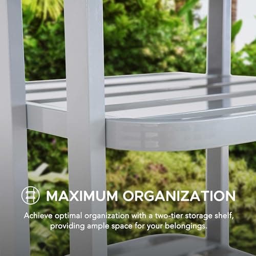 Sunjoy Aluminum Frame Pool Towel Valet with 2-Tier Shelves & Large Wicker Storage Basket, Grey