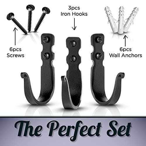 Wrought Iron Farmhouse Hooks, Black - Pack of 3