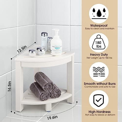 Corner Shower Stool with Storage Shelf for Bathroom - White
