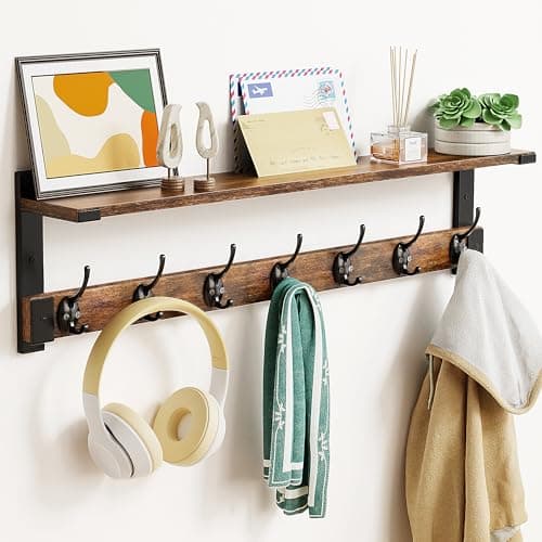 Wall Hooks with Shelf Coat Rack, Wall Mount Hanging for Entryway, Living Room, Bathroom — Brown