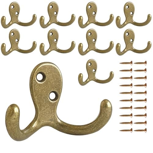 10 Pack Heavy Duty Wall Hooks for Coats, Bags, and Towels - Metal Double Prong (Black) — Bronze-10pack