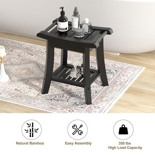 Black Bamboo Shower Bench Stool with Storage for Small Spaces