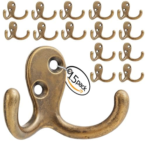 Bronze Double Prong Coat Hooks - 8 Pack, Wall Mounted, Heavy-Duty for Living Room & More — 15pcs Bronze