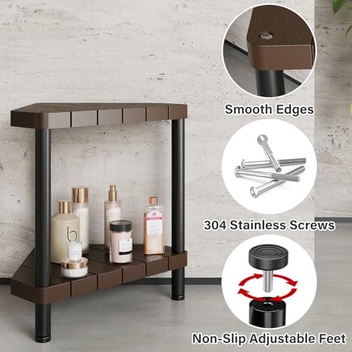 Non-Slip Brown Shower Bench for Inside Corner Showers with Adjustable Feet