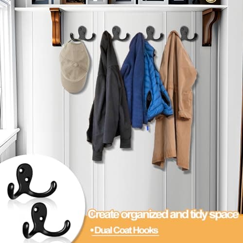 10 Pack Heavy Duty Wall Hooks for Coats, Bags, and Towels - Metal Double Prong (Black)