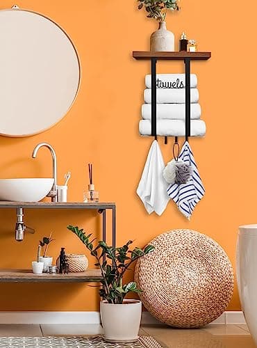 Wooden Shelf Towel Holder with 4 Hooks for Narrow Bathrooms