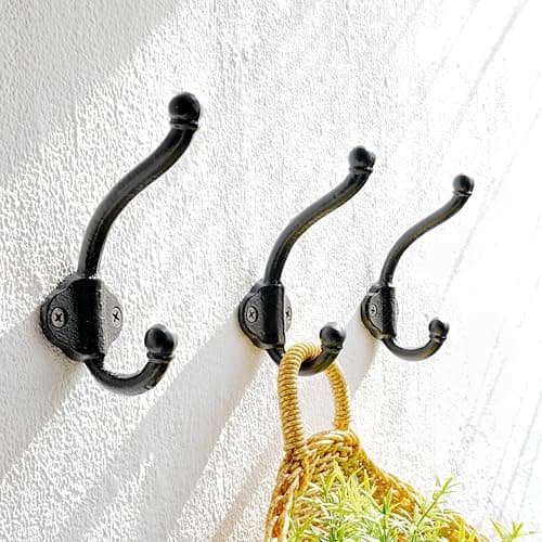 Vintage Bold Antique Black Cast Iron Wall Hooks, Heavy Duty, Pack of 5