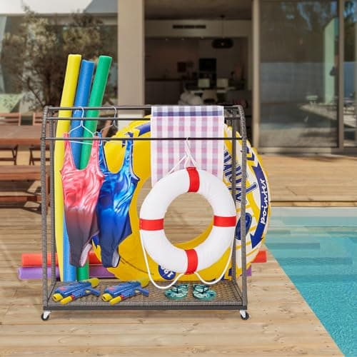 GAOMON Rattan Base 5-Bar Pool Towel Rack, Outdoor Storage Organizer