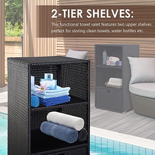 Outsunny Valet Pool Towel Rack, Espresso, 2 Shelves + 1 Basket Drawer