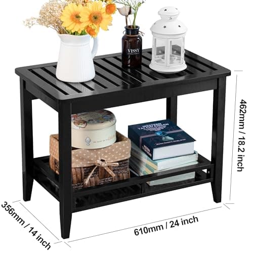 Forevich Bamboo Shower Bench Stool with Storage Shelf Black