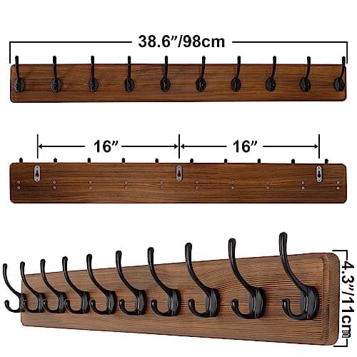SKOLOO Farmhouse Wall Mount Coat Rack, 10 Hooks Pine Wood Hanger