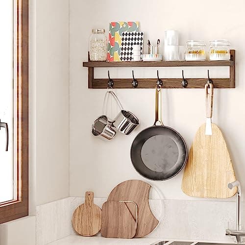 Ambird Brown Wall-Mounted Coat Rack with 5 Hooks and Shelf