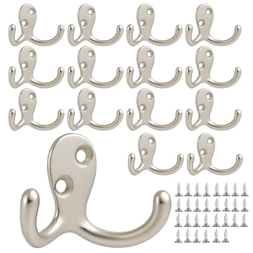 Bronze Double Prong Coat Hooks - 8 Pack, Wall Mounted, Heavy-Duty for Living Room & More — 15pcs Silver
