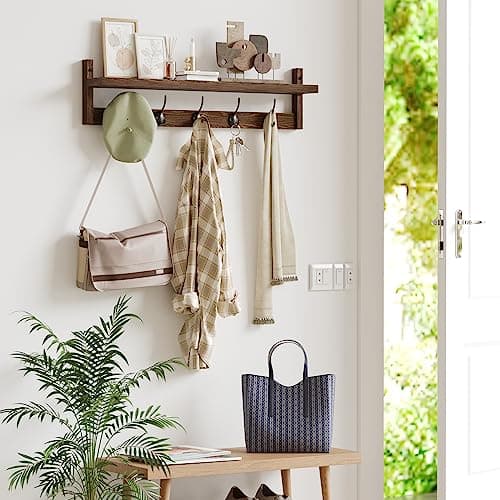 Ambird Brown Wall-Mounted Coat Rack with 5 Hooks and Shelf