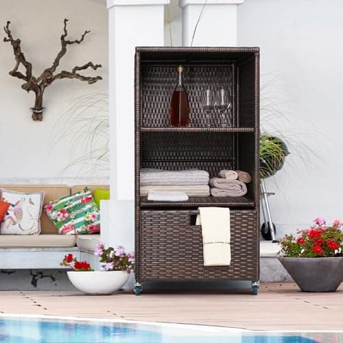 Outdoor Pool Towel Valet with Storage & Wheels, Brown