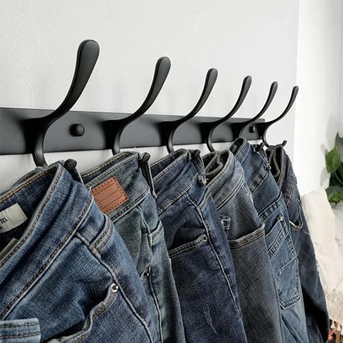 SKOLOO Wall-Mounted Coat Rack - 6 Heavy-Duty Stainless Steel Hooks, Black
