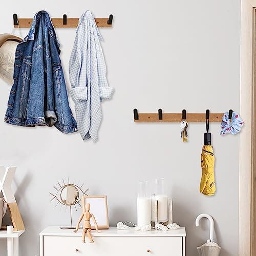 Wall Mounted Coat Rack with 5 Black Rustic Hooks
