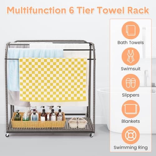 GAOMON Rattan Base 5-Bar Pool Towel Rack, Outdoor Storage Organizer