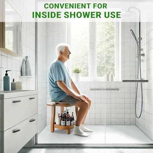 ETECHMART Waterproof Corner Shower Stool with Storage, Teak Finish for Legs Shaving