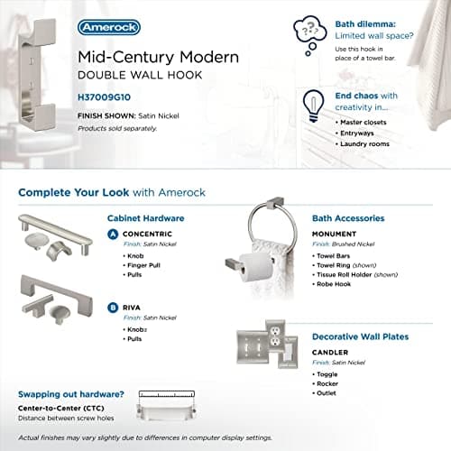 Amerock Bray Double Prong Satin Nickel Wall Hook, Decorative Coats Hat Hook