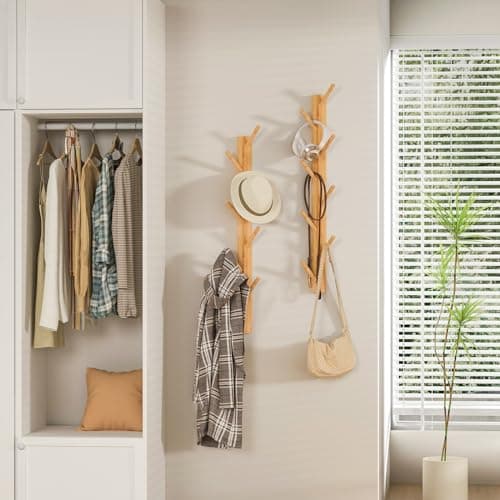2-Pack Natural Bamboo Wood WallHooks 8-Coat Rack Entryway