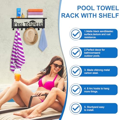 Premium Durable Carbon Steel Pool Towel Racks with 8 Hooks Outdoor & Bathroom Organizer