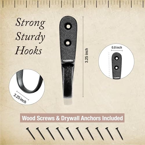 Black Handmade Cast Iron Coat Hooks (10 Pack) for Farmhouse Decor