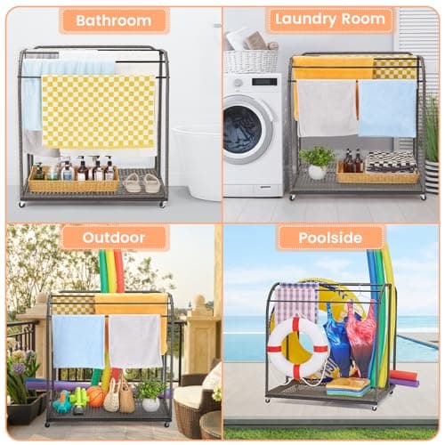 Outdoor Pool Towel Rack with Rattan Base & 5 Towel Bars